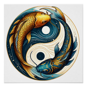 Pôster Símbolo Yin Yang Japonês Koi Fish