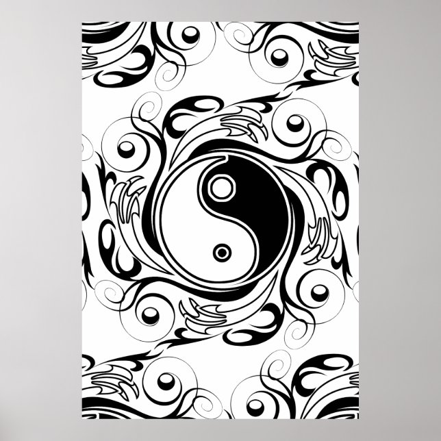 Poster Símbolo Yin & Yang Preto e Branco Estilo Tatuagem (Frente)