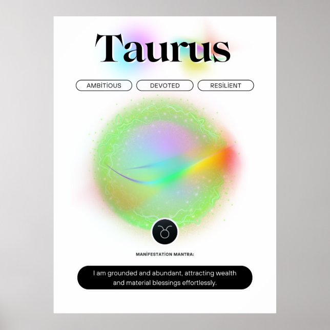 Poster Símbolo Zodiac Moderno Taurus Cita Elemento da Ter (Frente)