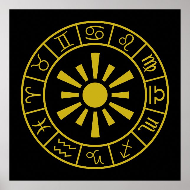 Poster Símbolos Astrológicos Zodipicos Roda+Sol Dourado (Frente)