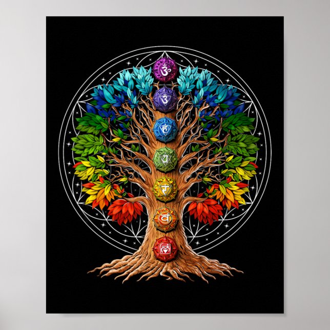 Poster Símbolos do Chakra da Árvore da Vida Meditação Zen (Frente)
