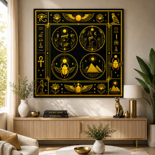 Poster Símbolos Egípcios Antigos Padrão Dourado Preto Lux