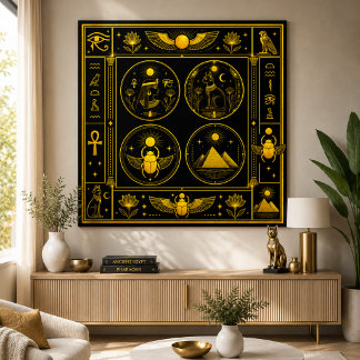 Poster Símbolos Egípcios Antigos Padrão Dourado Preto Lux