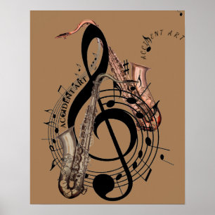 Poster Símbolos musicais de fluxo w/Saxophones em a