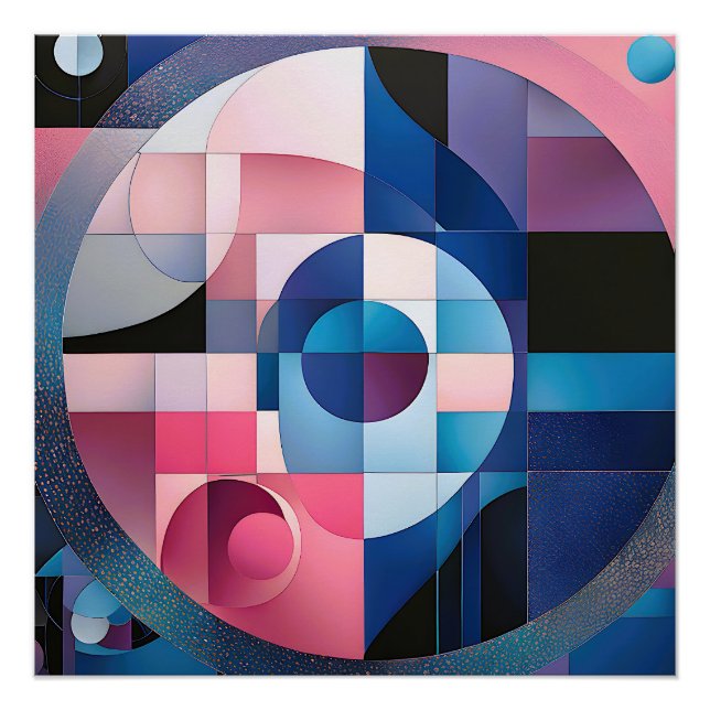 Pôster Simetria Celestial: Formas Geométricas Blues e Ros (Frente)