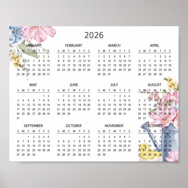 Poster Simple Elegant Floral Botanical 2026 Calendar |  (Frente)