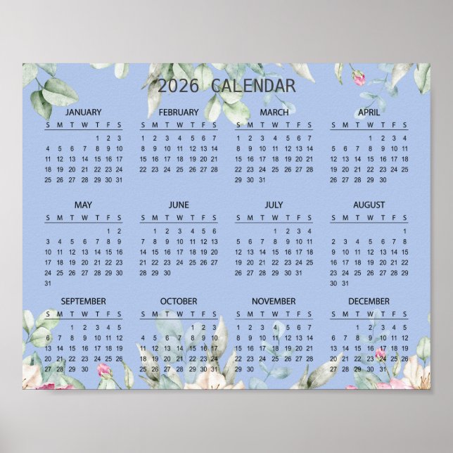 Poster Simple Elegant Floral Botanical 2026 Calendar |  (Frente)