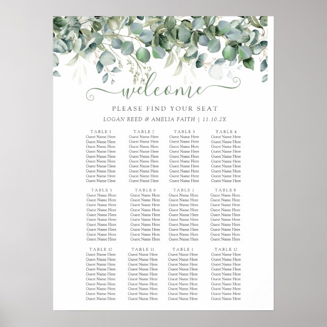 Poster Simple Eucalyptus Greenery Wedding Seating Chart (Frente)