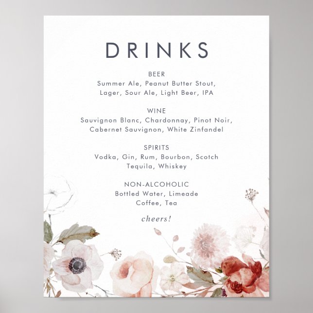 Poster Simple Floral Wedding Drinks Menu Sign (Frente)