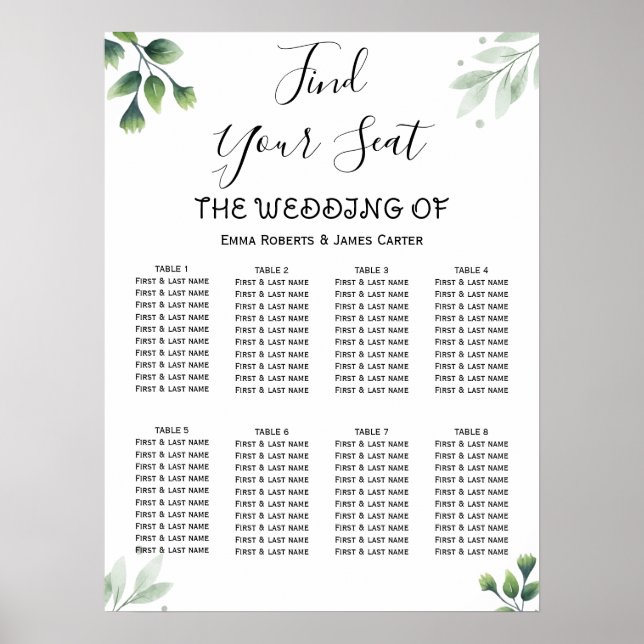 Poster Simple Greenery Elegant Wedding Seating Chart (Frente)