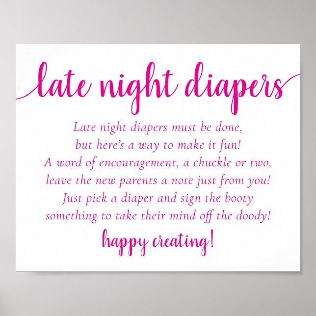 Poster Simple Hot Pink Late Night Diapers | Baby Shower (Frente)