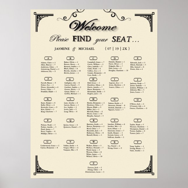 Poster Simple Ivory Alphabetical Wedding Seating Chart (Frente)