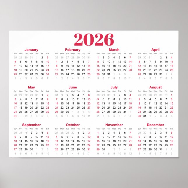 Poster Simple red and White 2026 Calendar (Frente)