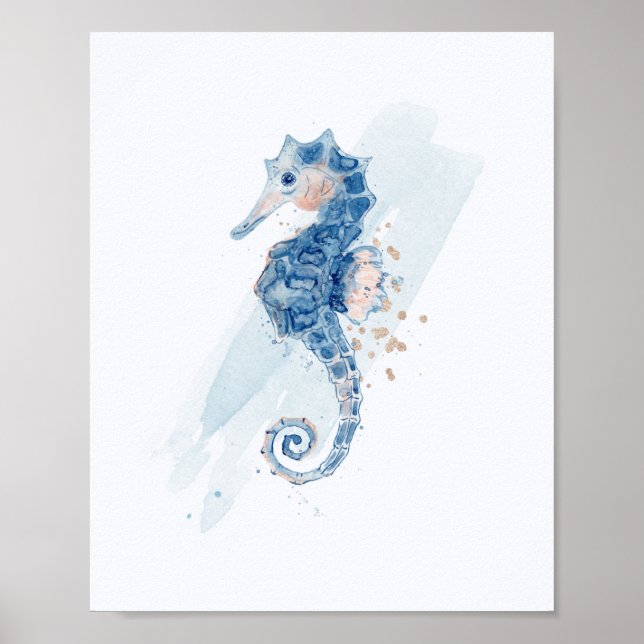 Poster Simple Seahorse Blue & Gold Watercolor Aquatic (Frente)