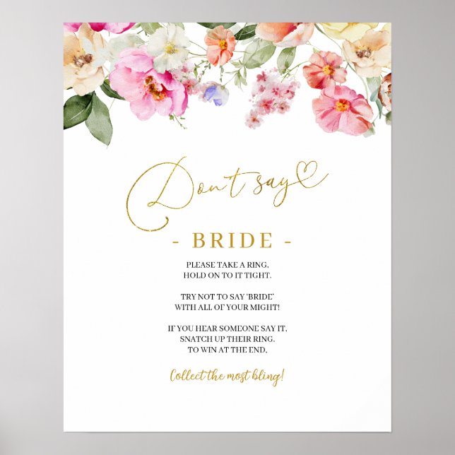 Poster Simple Spring Floral Don’t Say Bride Game Sign (Frente)