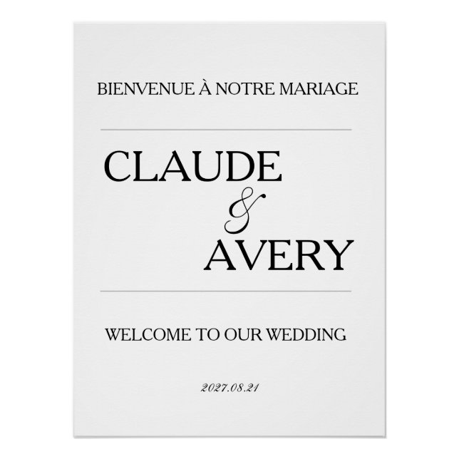 Pôster Simples Boas-Vindas de Casamento Bilíngue Francês- (Frente)
