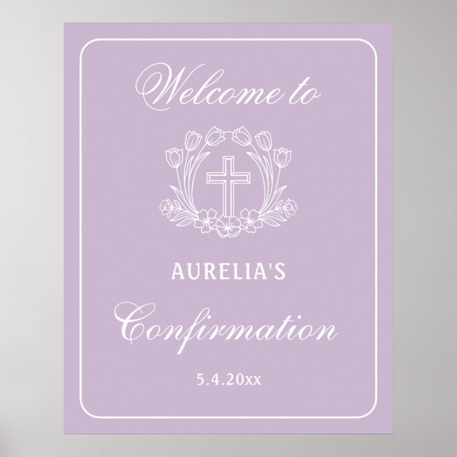 Poster Simples Cruz Floral no Lilac Confirmação Bem-vindo (Frente)