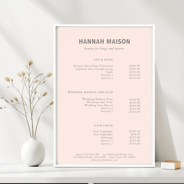 Poster Simples Moderno, Profissional, Salão, Lista de Pre (Modern, Simple, Professional, Salon, Light-Pink & Gray, Price List Poster, for Service Providers.)