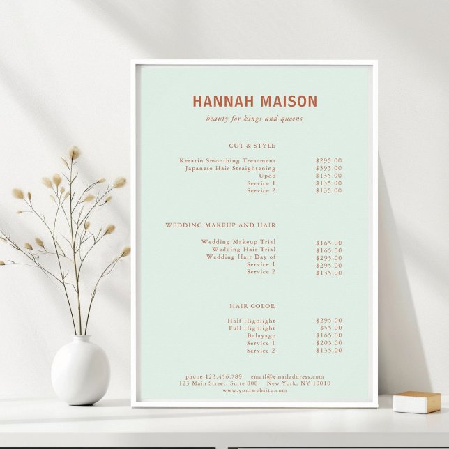 Poster Simples Moderno, Profissional, Salão, Lista de Pre (Modern, Simple, Professional, Salon, Green & Orange-Brown, Price List Poster, for Service Providers.)