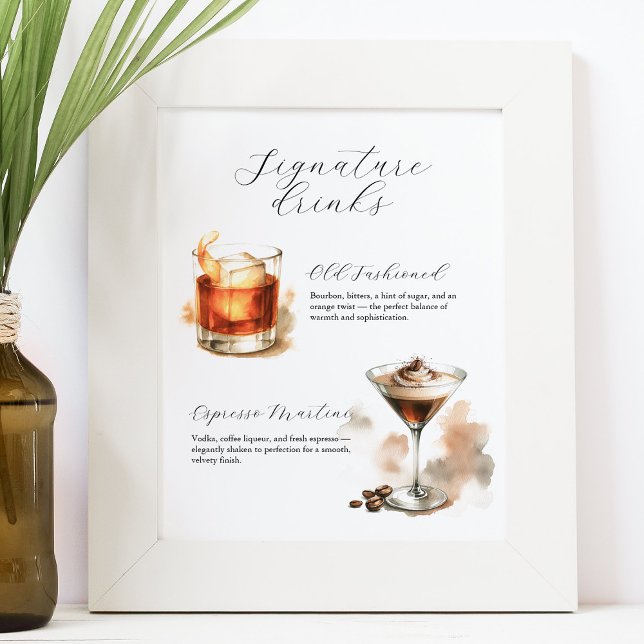 Poster Sinais de Barra de Drinks Personalizados (Signature drinks signs designed with an espresso martini and old fashioned by Do Tell A Belle)
