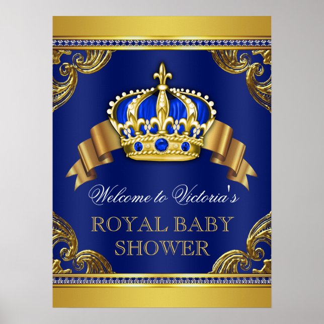 Poster Sinais de Chás de Bebê Príncipe Ouro Azul (Frente)