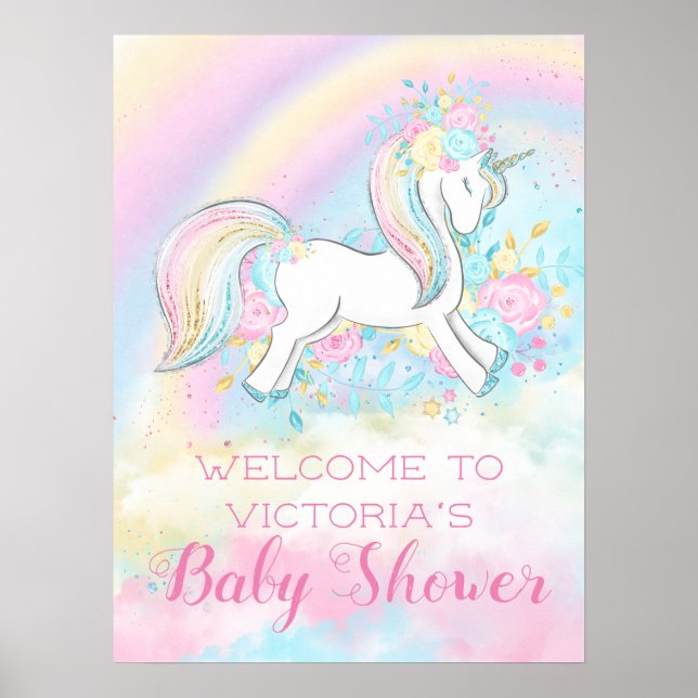 Poster Sinais de Chuveiro de Bebê Unicórnio Arco-íris (Frente)