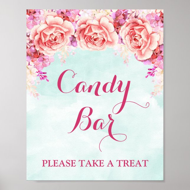 Poster Sinal Bar Candy Blue Pink Watercolor Flores (Frente)