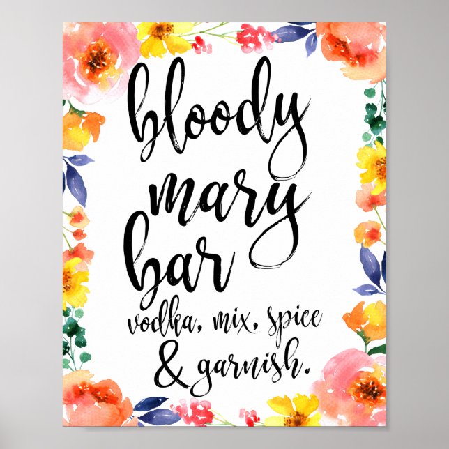 Poster Sinal Bloody Mary Bar Floral Watercolor 8x10 (Frente)