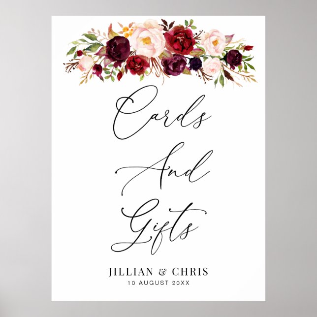 Poster sinal Burgundy e blush floral Cards & Gifts (Frente)