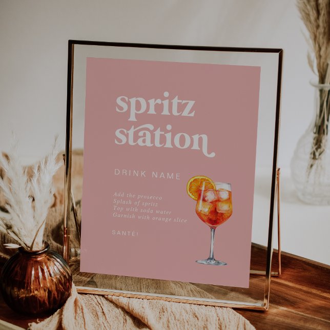Poster Sinal da Estação Spritz de Casamento Rosa Retro Ve (Retro Summer Pink Wedding Spritz Station Sign)