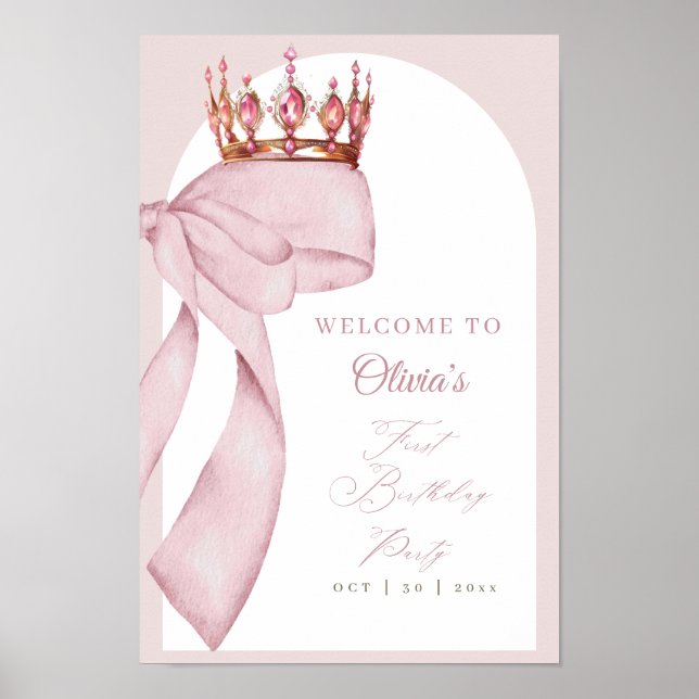 Poster Sinal de 1º Aniversário Arco Rosa Fofo  (Frente)