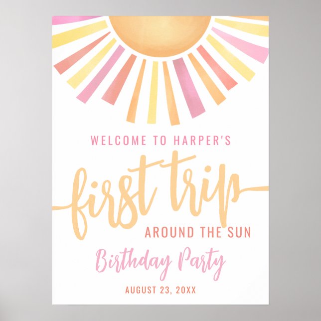 Poster Sinal de 1º Aniversário Pink First Trip Around The (Frente)