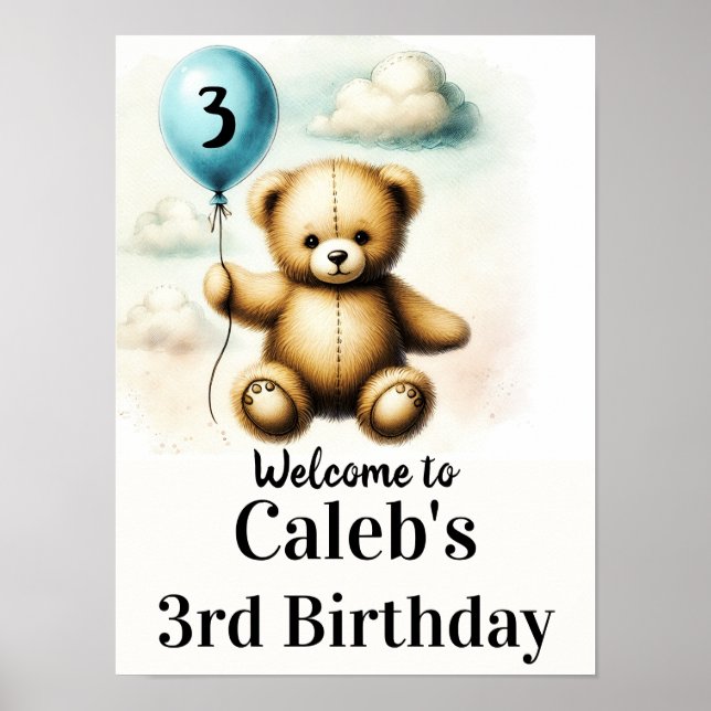 Poster Sinal de 1º Aniversário Teddy Bear Blue Balloon (Frente)