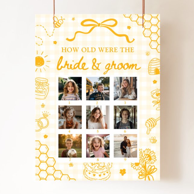Poster Sinal de Abelha de Mel Amarela - Qual era a Idade  (Yellow Honey Bee How Old Were Bride & Groom Sign)