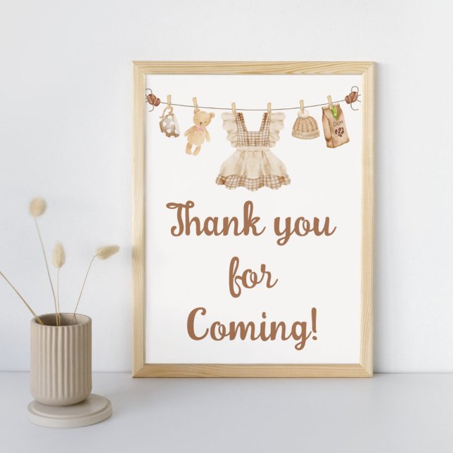 Poster Sinal de Agradecimento para Chá de Bebê Café Brewi (Coffee Little Bean Clothesline Baby Shower Thank you for Coming Sign)