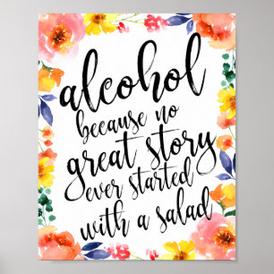 Pôster Sinal de Álcool de Casamento com Aquarela Floral 8