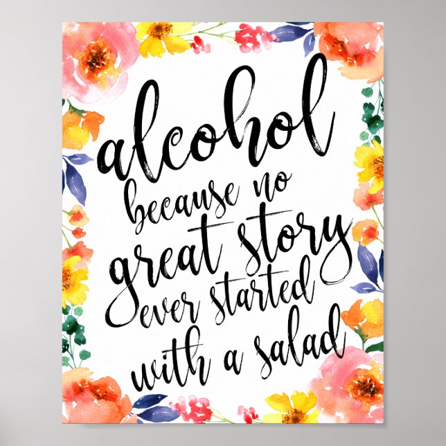 Pôster Sinal de Álcool de Casamento com Aquarela Floral 8 (Frente)