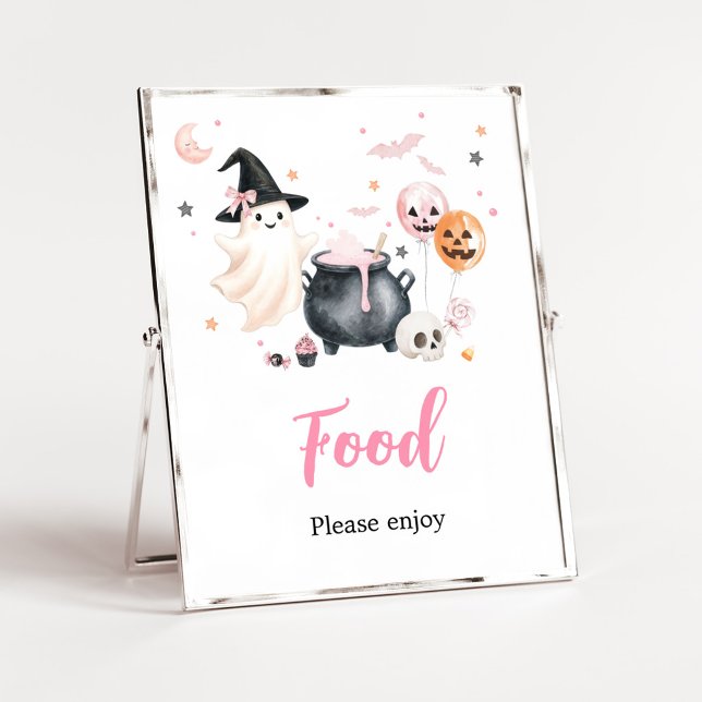 Poster Sinal de Alimentação Fantasminha Rosa (Girl Little Boo Baby Shower Food Sign)