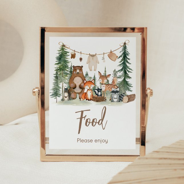 Poster Sinal de Alimentação para Chá de Bebê de Animais d (Woodland Animals Adventure Awaits Rustic Baby Shower Sign)