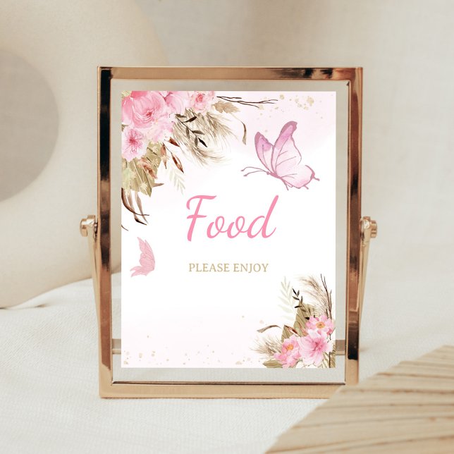 Poster Sinal de Alimentação para Chá de Bebê Floral Borbo (Pink Butterfly Baby Shower Food Sign)