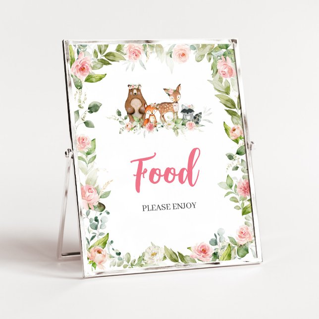 Poster Sinal de Alimentação para Chá de Bebê Floresta Flo (Girl Woodland Animals Baby Shower Food Sign)
