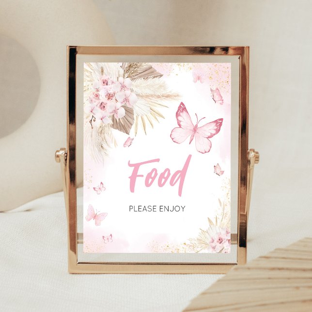 Poster Sinal de Alimentação para Chás de Bebê Borboleta R (Girl Butterfly Pampas Grass Baby Shower Food Sign)