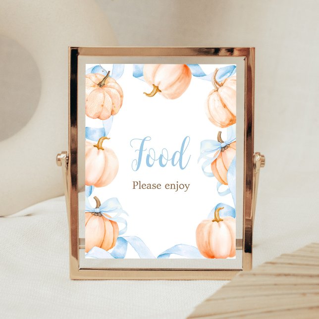 Poster Sinal de Alimentação para Chás de Bebê com Abóbora (Boy Bow Pumpkin Baby Shower Food Sign)
