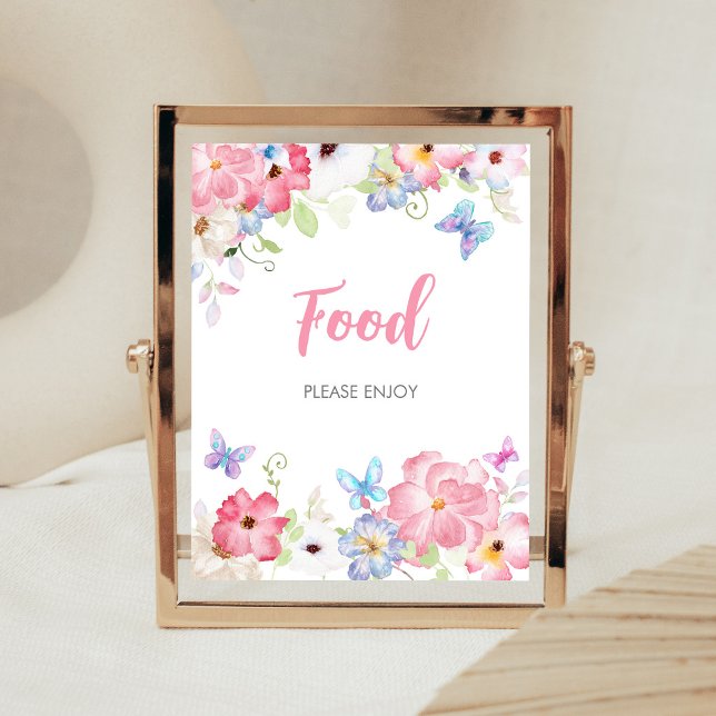 Poster Sinal de Alimentação para Chás de Bebê Floral Borb (Butterflies Baby Shower Food Sign)