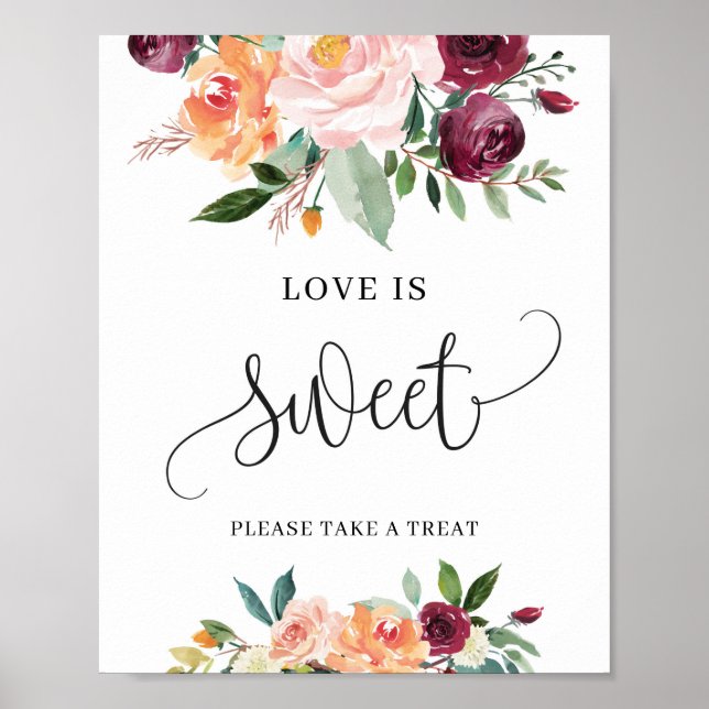 Poster Sinal de amor doce floral laranja Burgundy Blush (Frente)