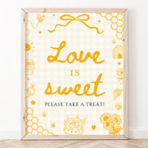 Poster Sinal de Amor É Doce Abelha Mel Xadrez Amarelo Mod