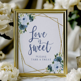 Poster Sinal de Amor é Doce Floral Azul Poeira Dourado