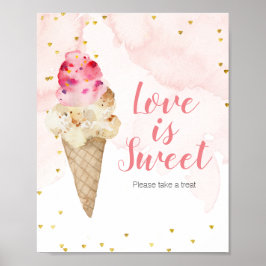Poster Sinal de Amor é Doce Sorvete Rosa e Dourado