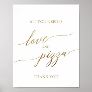 Poster Sinal de Amor e Pizza com Caligrafia Dourada Elega