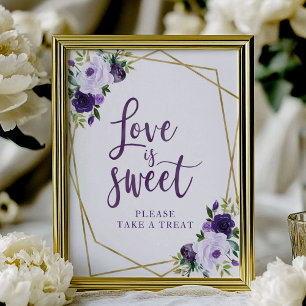 Poster Sinal de Amor Floral Dourado Roxo é Doce